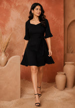 Black Fit & Flare Mini Dress with Square Neck & Belt