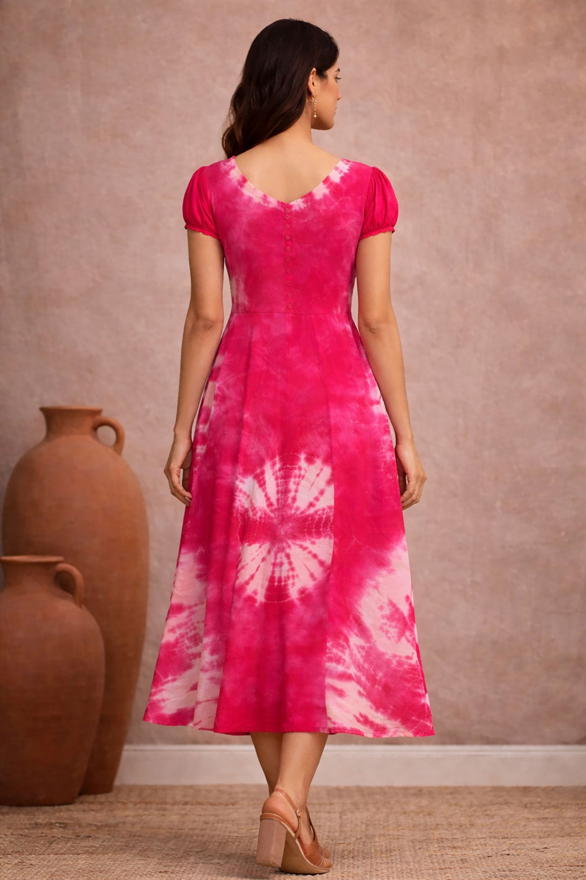 Fuchsia Pink Tie-Dye Midi Dress for Women | Puff Sleeve A-Line Dress