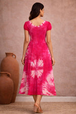 Fuchsia Pink Tie-Dye Midi Dress for Women | Puff Sleeve A-Line Dress