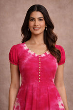 Fuchsia Pink Tie-Dye Midi Dress for Women | Puff Sleeve A-Line Dress
