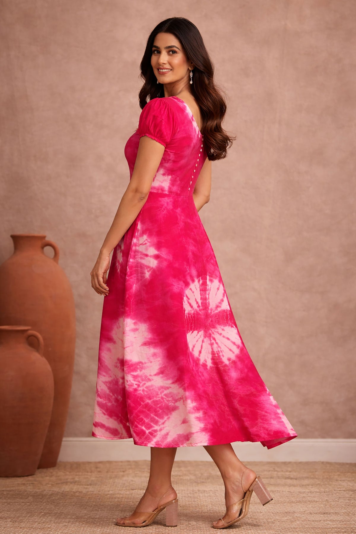 Fuchsia Pink Tie-Dye Midi Dress for Women | Puff Sleeve A-Line Dress