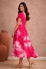 Fuchsia Pink Tie-Dye Midi Dress for Women | Puff Sleeve A-Line Dress