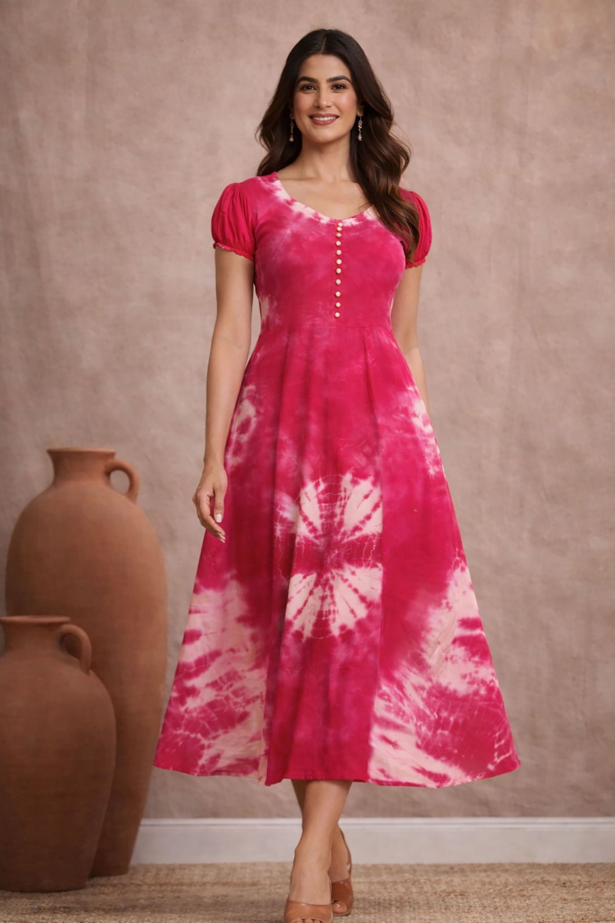 Fuchsia Pink Tie-Dye Midi Dress for Women | Puff Sleeve A-Line Dress