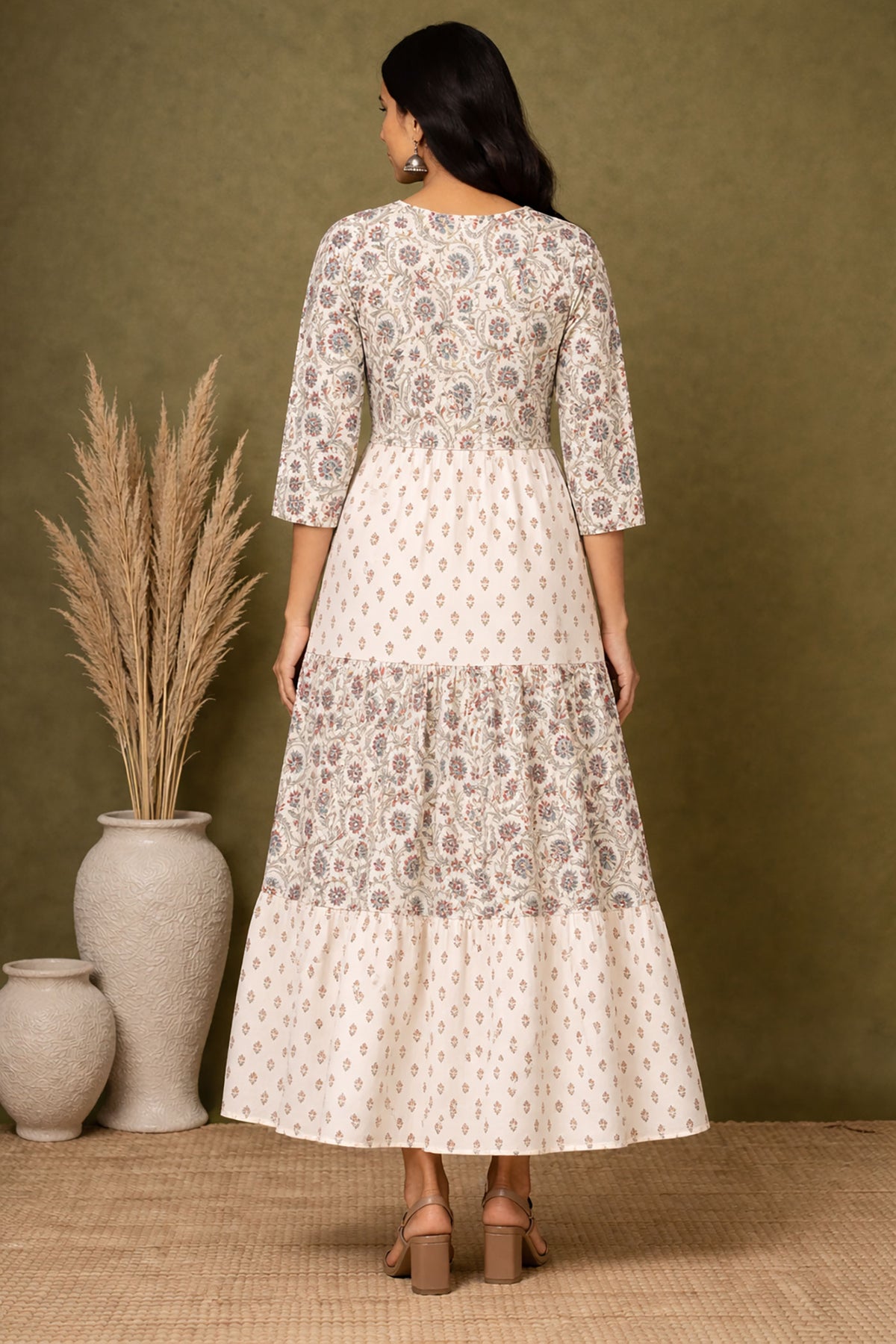 Ivory Block Print Tiered Midi Dress for Women | Cotton Ethnic Dress