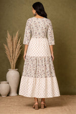 Ivory Block Print Tiered Midi Dress for Women | Cotton Ethnic Dress
