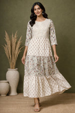 Ivory Block Print Tiered Midi Dress for Women | Cotton Ethnic Dress