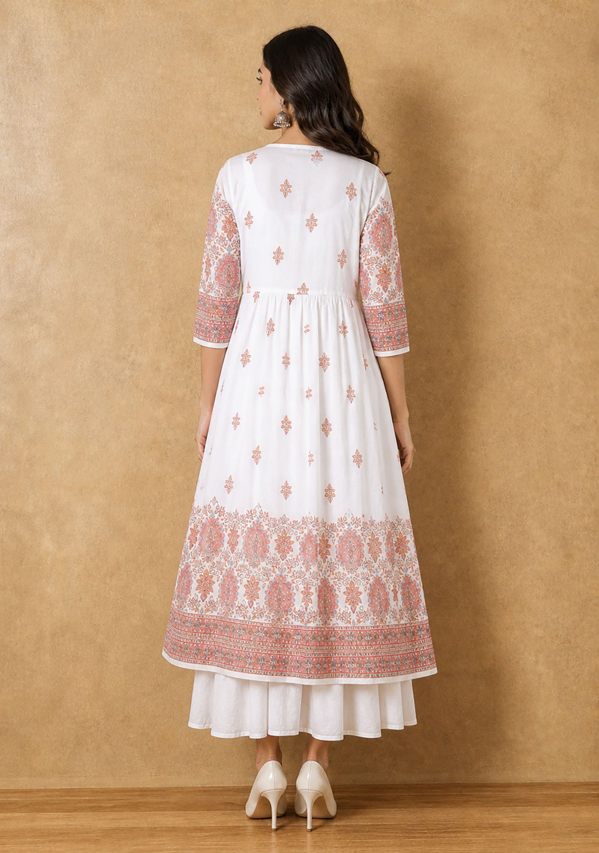 White Orange Printed Anarkali Kurta Set for Women | Festive Ethnic Wear