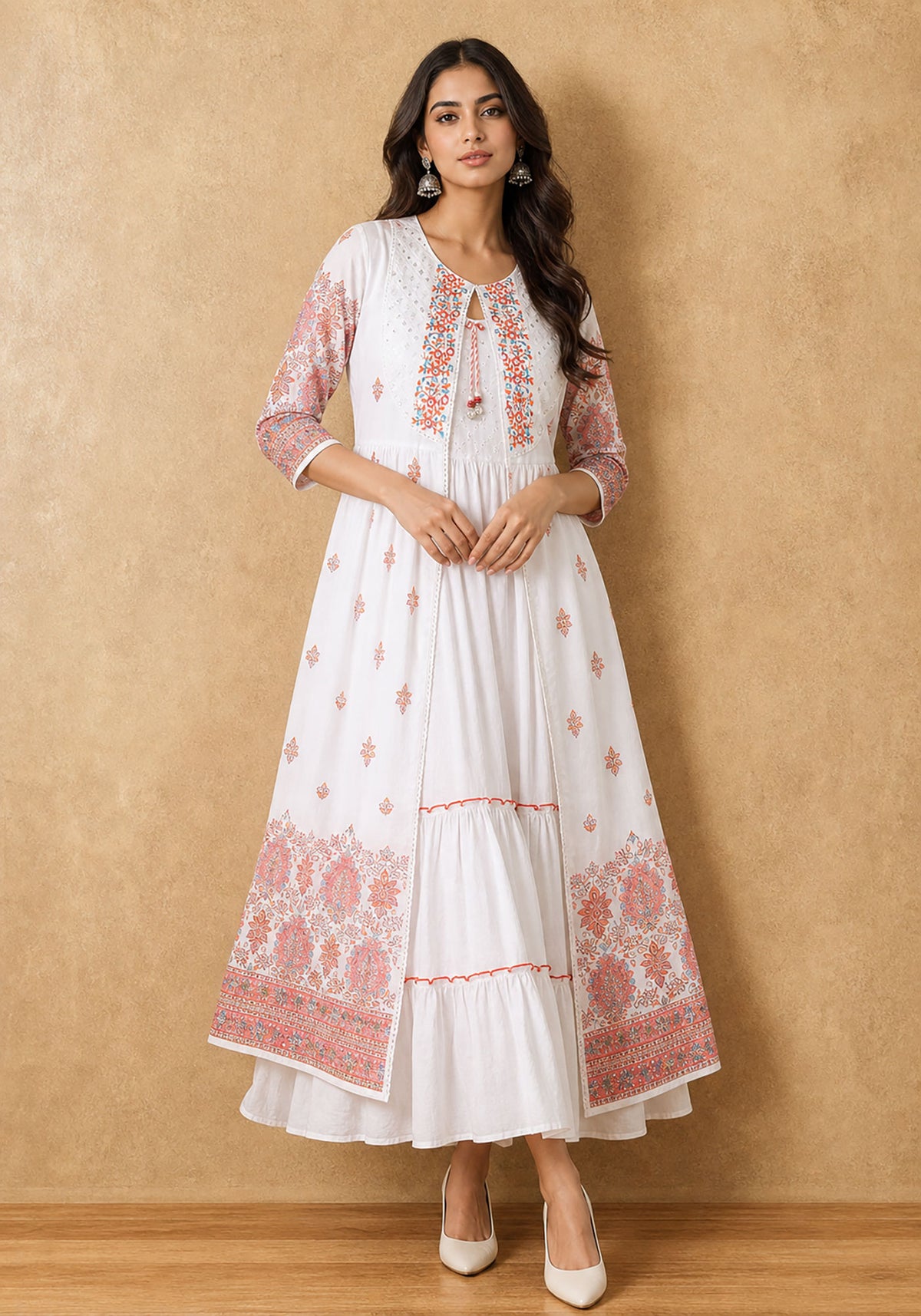 White Orange Printed Anarkali Kurta Set for Women | Festive Ethnic Wear