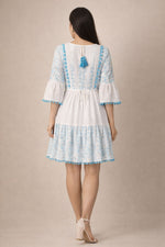 White & Blue Embroidered Boho Short Dress for Women | Summer Cotton Dress