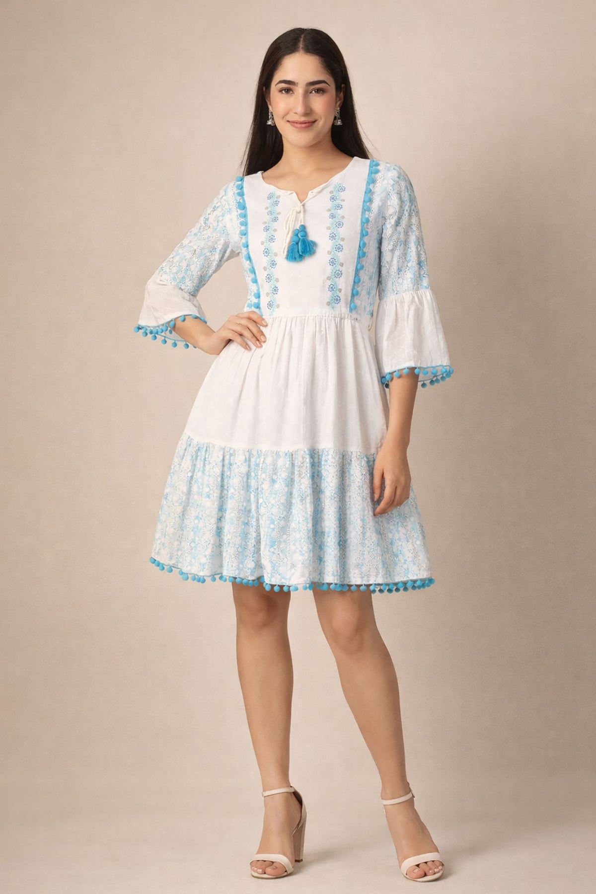 White & Blue Embroidered Boho Short Dress for Women | Summer Cotton Dress