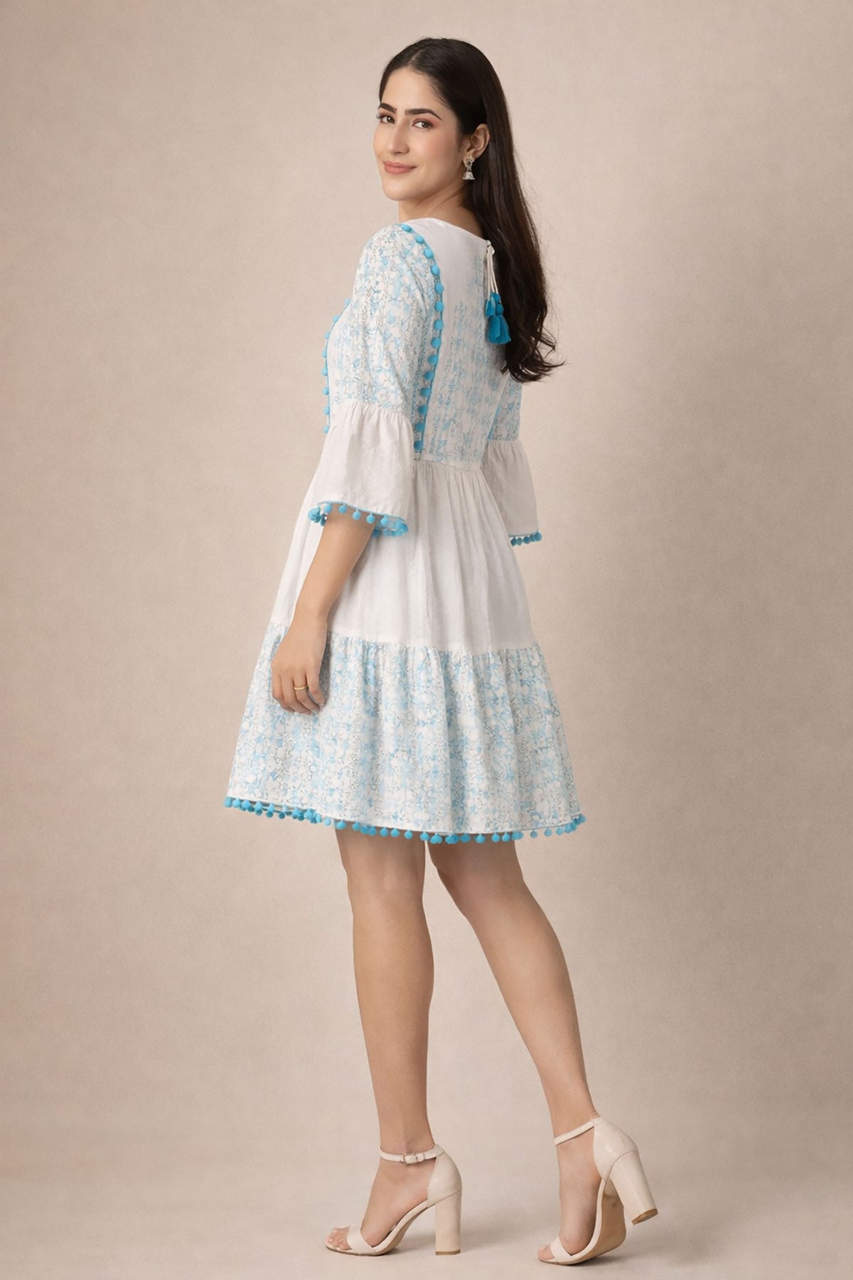 White & Blue Embroidered Boho Short Dress for Women | Summer Cotton Dress