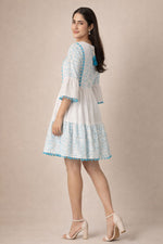 White & Blue Embroidered Boho Short Dress for Women | Summer Cotton Dress
