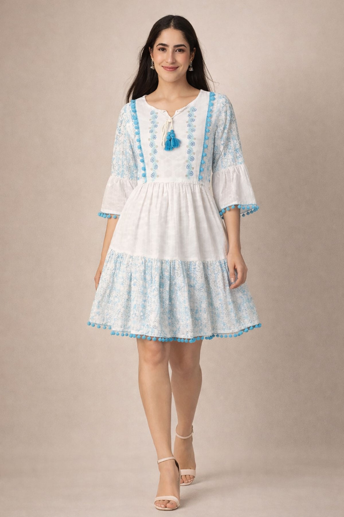 White & Blue Embroidered Boho Short Dress for Women | Summer Cotton Dress