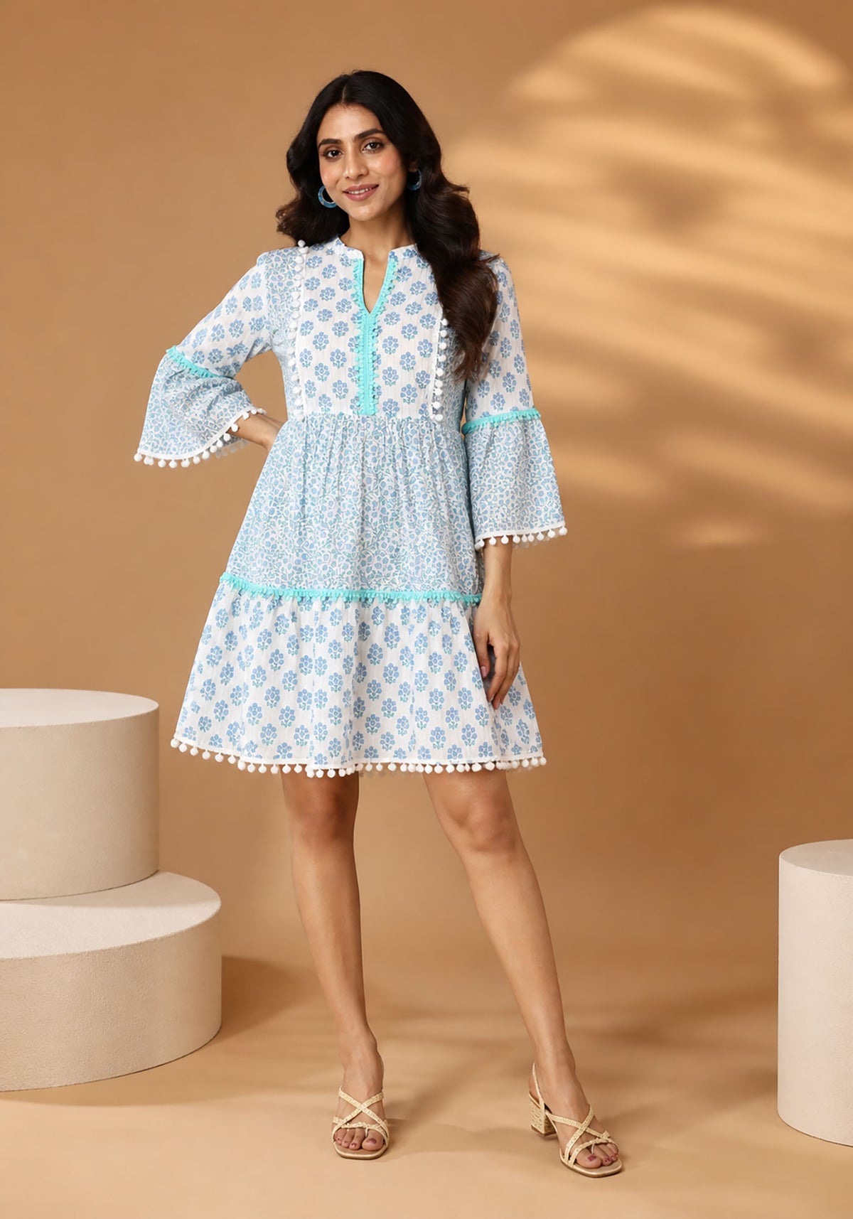 Blue Printed Cotton Mini Dress for Women with Bell Sleeves