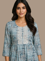 Sky Blue Printed Kurta Dress for Women | A-Line Midi Dress