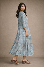 Sky Blue Printed Kurta Dress for Women | A-Line Midi Dress
