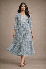 Sky Blue Printed Kurta Dress for Women | A-Line Midi Dress