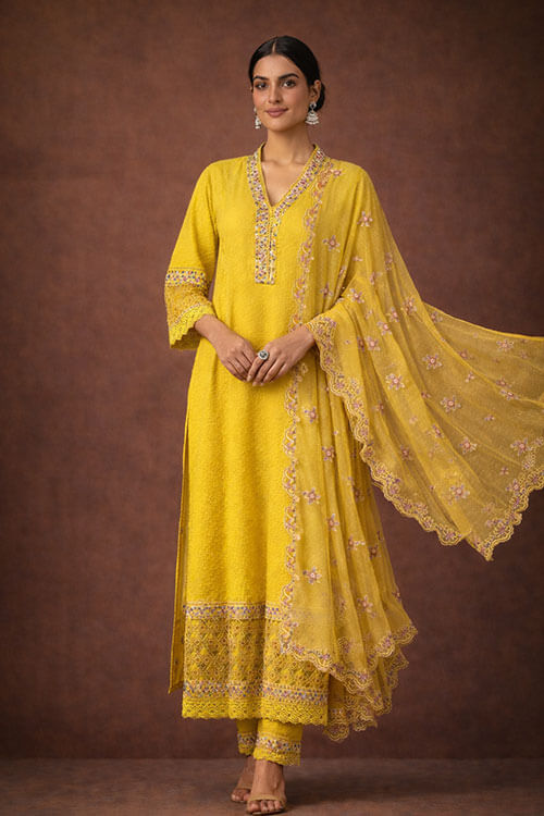 Woman wearing a yellow traditional outfit with a brown background