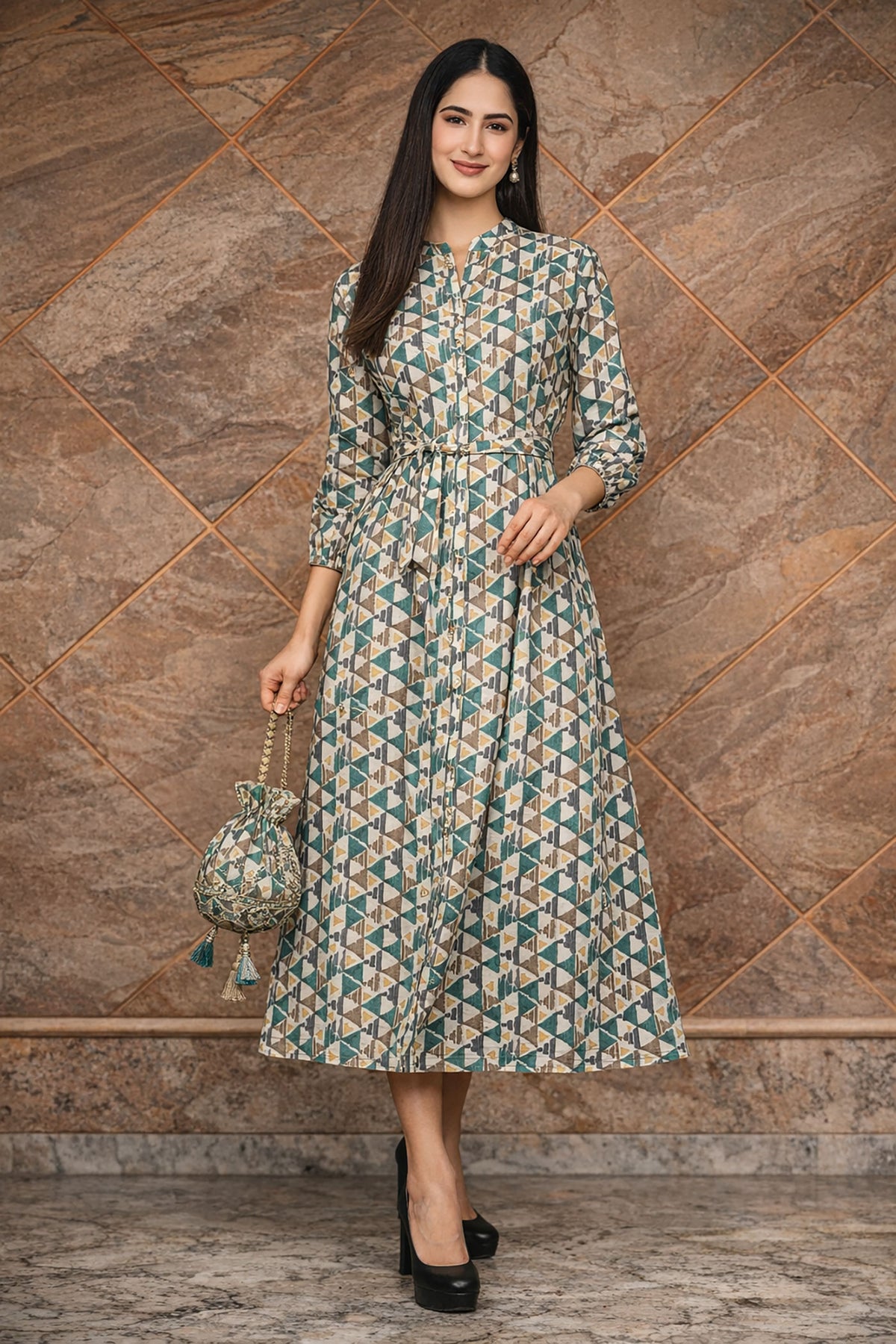 Women’s teal and beige geometric printed cotton midi dress with tie-up waist and 3/4 sleeves, front view