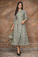 Women’s teal and beige geometric printed cotton midi dress with tie-up waist and 3/4 sleeves, front view