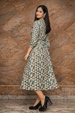Women’s teal & beige geometric cotton midi dress side view with tie-up belt and three-quarter sleeves