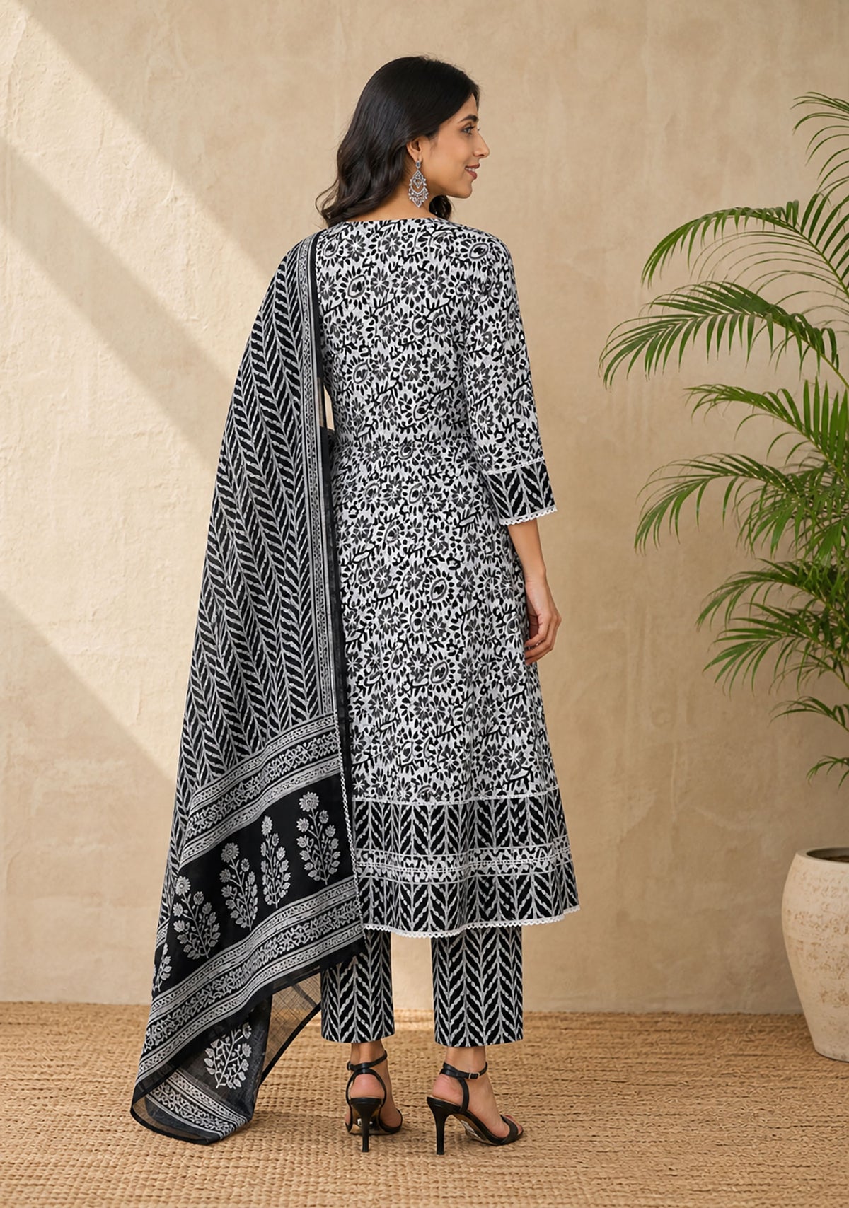 Black & Ivory Cotton Kurta Set with Dupatta for Women