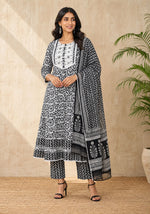 Black & Ivory Cotton Kurta Set with Dupatta for Women