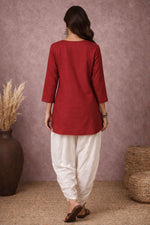 SN101 women’s crimson embroidered kurta set with white dhoti pants, three-quarter sleeves back view