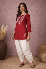 SN101 women’s crimson embroidered kurta set with white dhoti pants, three-quarter sleeves side view