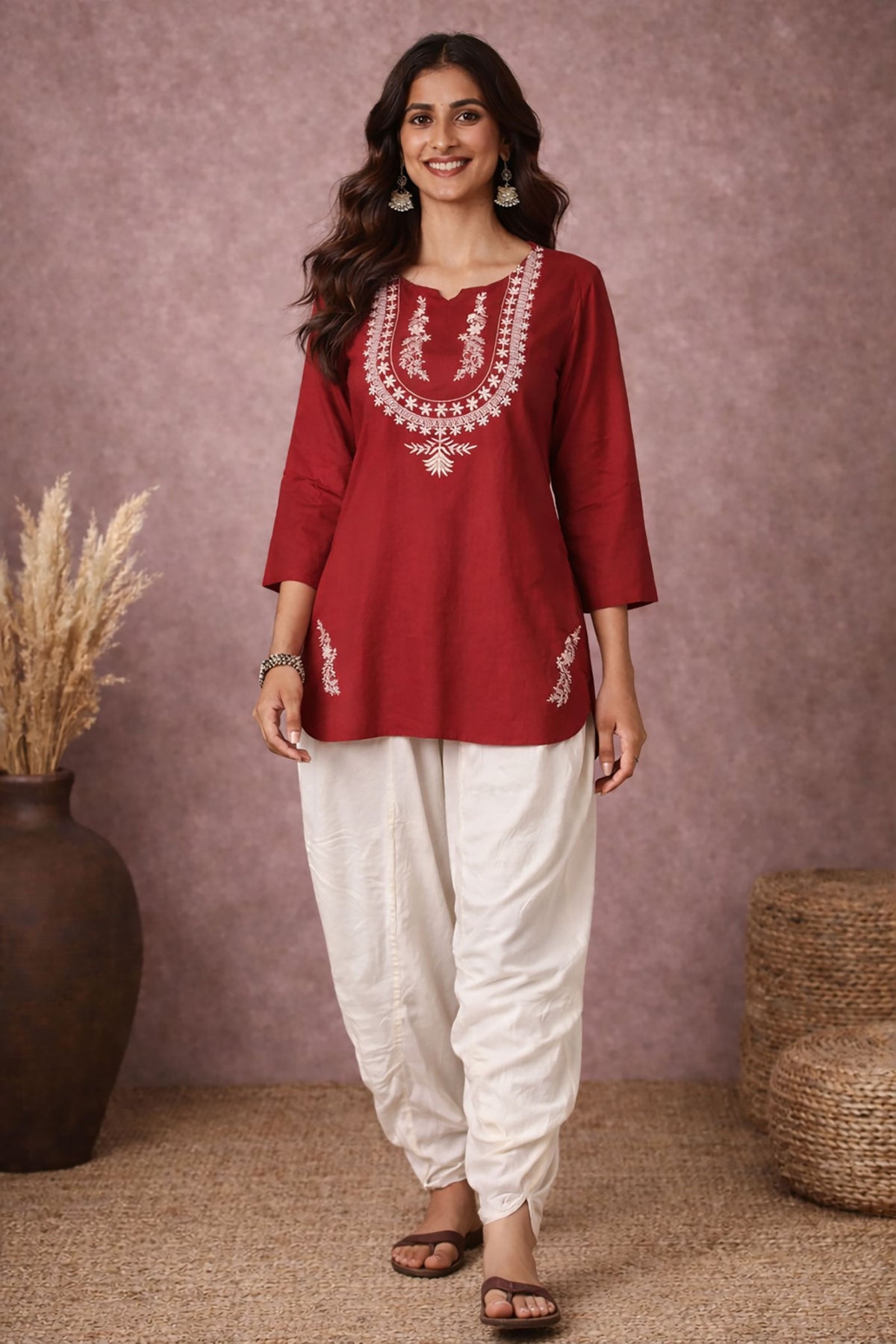 SN101 women’s crimson embroidered kurta set with white dhoti pants, three-quarter sleeves walking pose