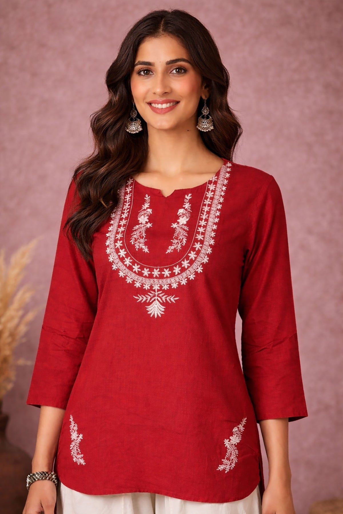 SN101 women’s crimson kurta embroidered neckline detail with white thread, three-quarter sleeves close-up
