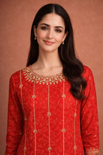 SN102 women’s red embroidered kurta set closeup showing neckline detailing and long sleeves festive wear