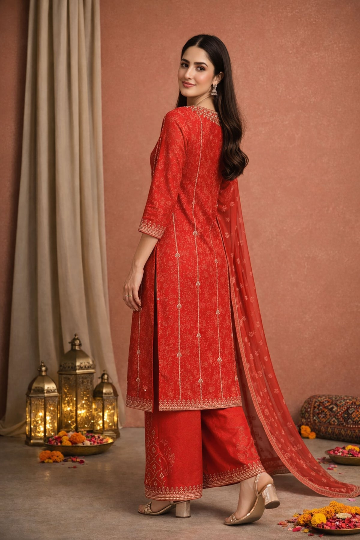 SN102 women’s red embroidered kurta sharara set side pose showing straight silhouette and sleeve detailing