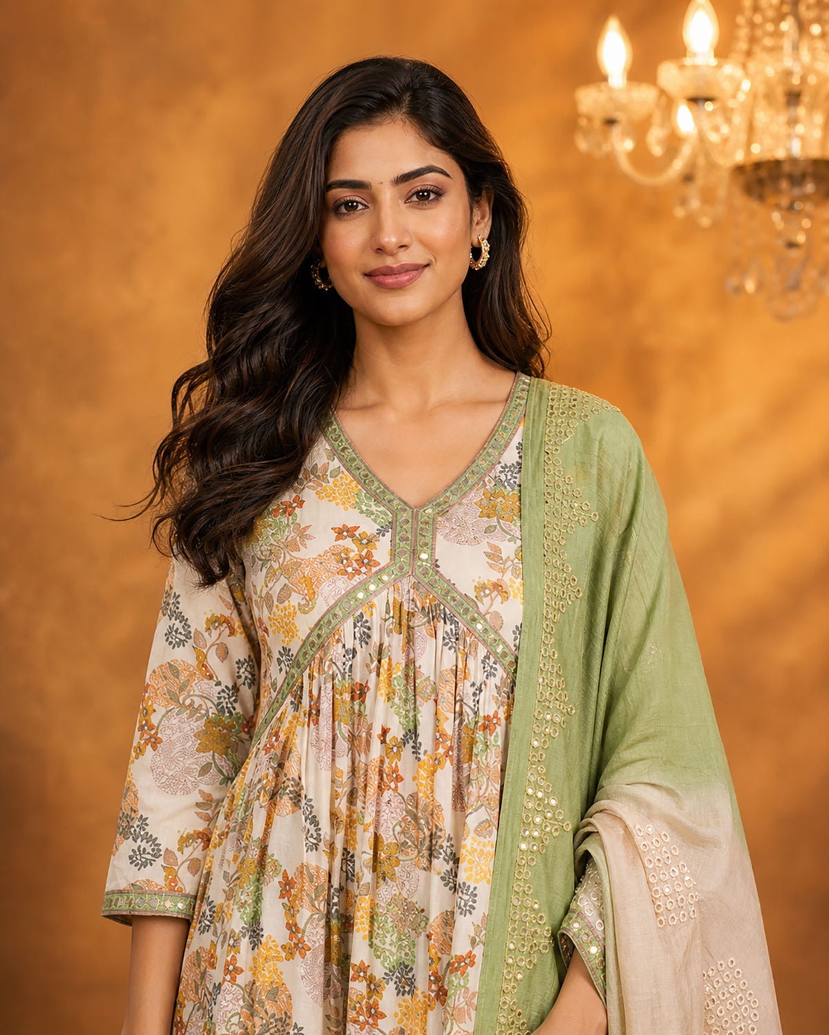SN103 women’s floral V-neck Anarkali kurta closeup with mirror work and long sleeves
