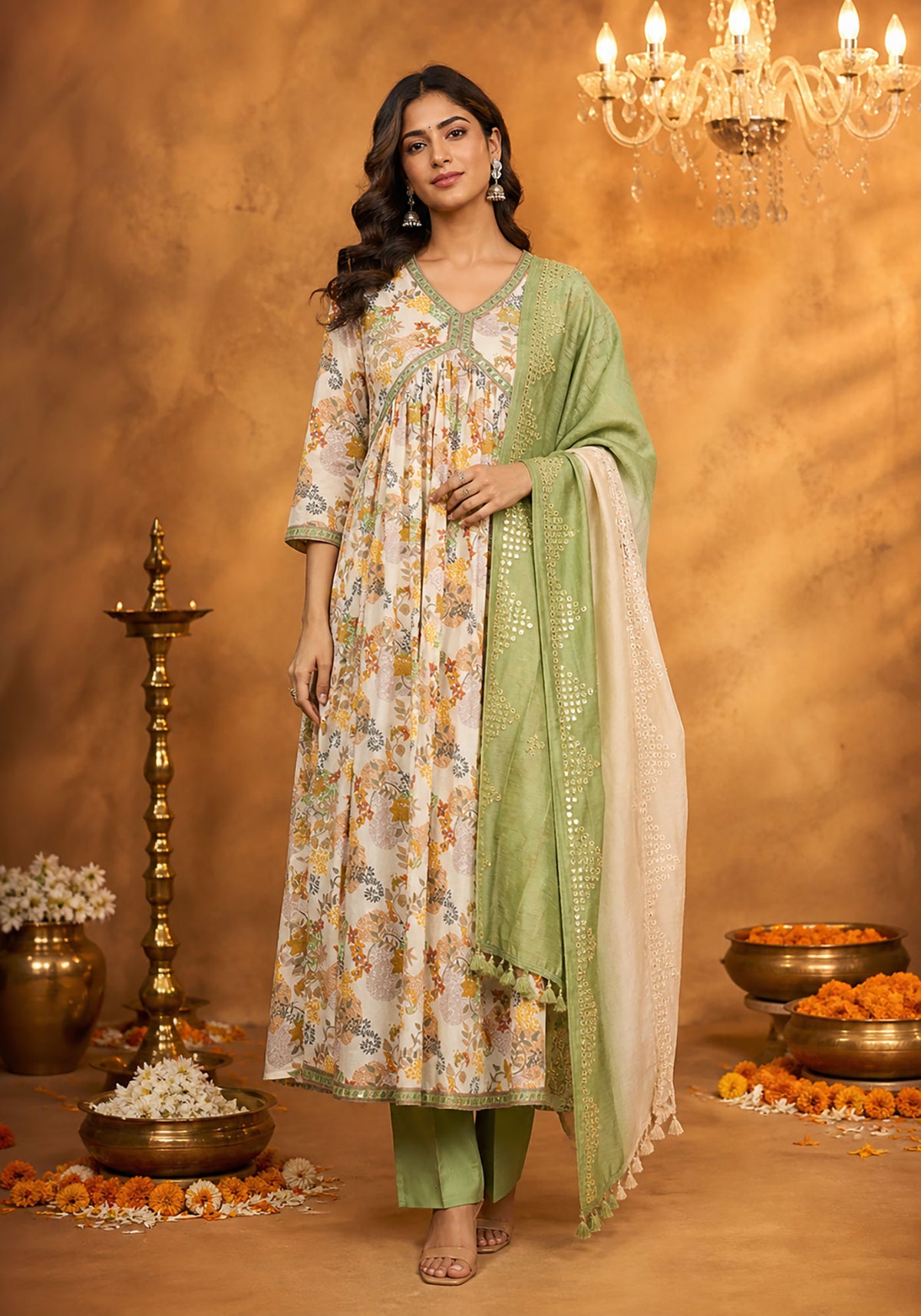 SN103 women’s ivory floral Anarkali kurta set with V-neck and long sleeves front pose
