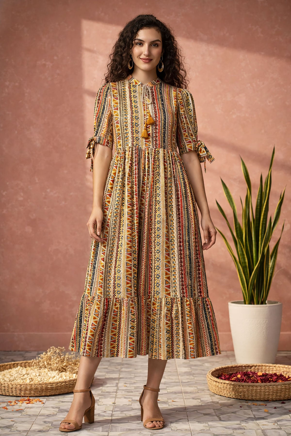 Women’s ethnic tribal printed midi dress with A-line silhouette and half sleeves front view