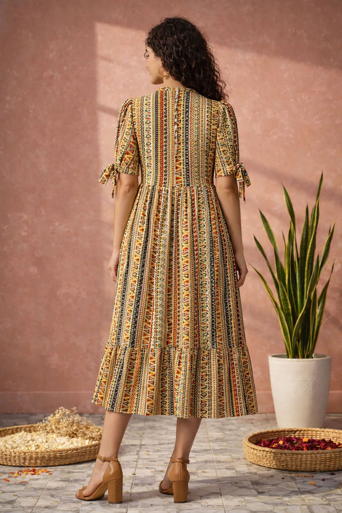 Back view of women’s ethnic tribal printed midi dress with A-line silhouette and detailing