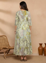 SN105 women’s olive abstract print embroidered maxi dress with tiered design back pose
