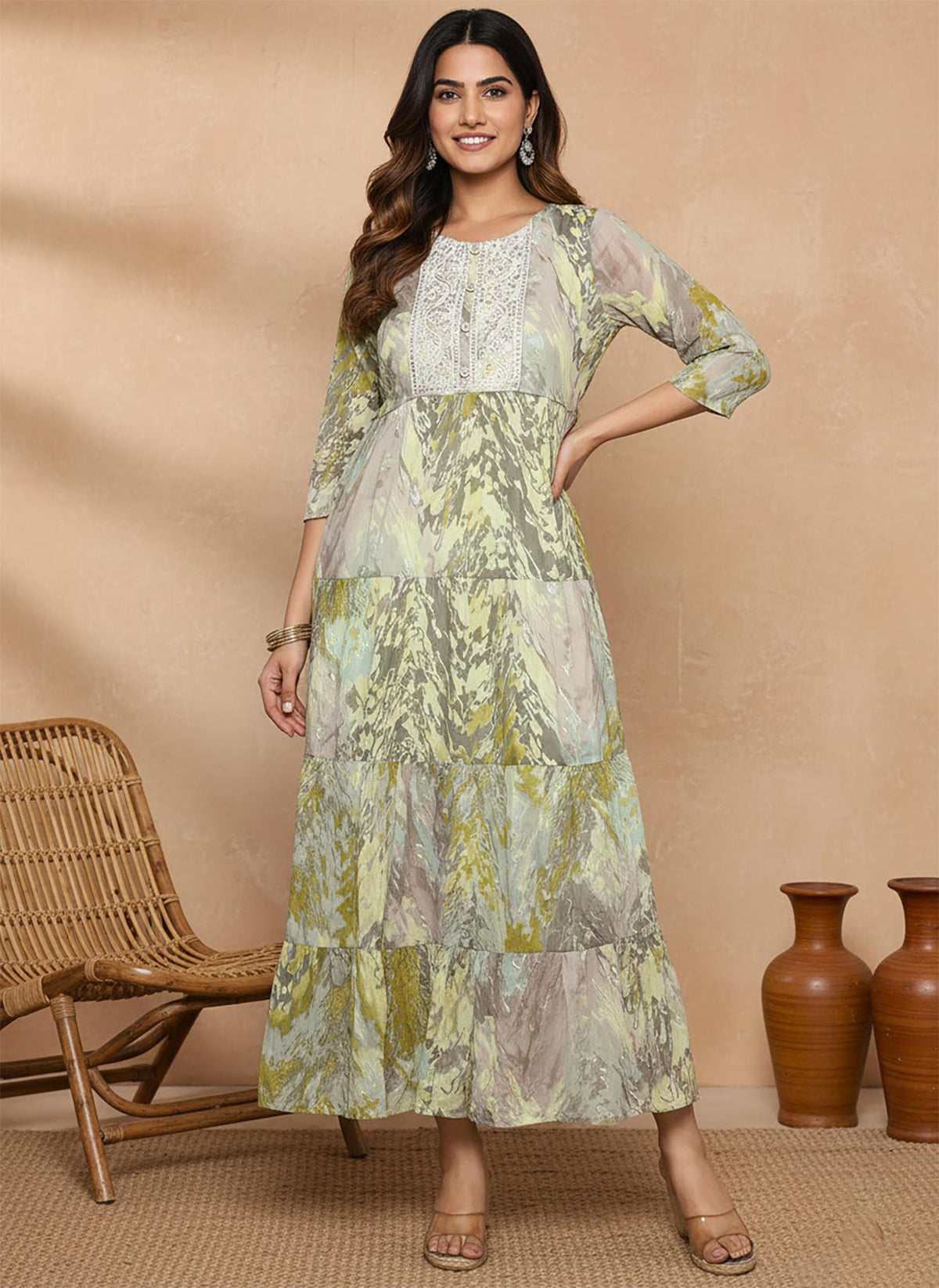 SN105 women’s olive abstract print embroidered maxi dress with three-quarter sleeves front pose