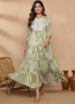 SN105 women’s olive embroidered abstract print maxi dress in flowy walking pose