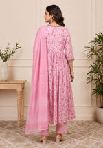 SN106 women’s blush pink floral empire kurta set back pose with gathered flare and long sleeves