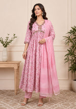 SN106 women’s blush pink floral empire kurta set front pose with V-neck embroidery and long sleeves