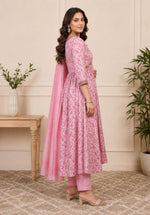 SN106 women’s blush pink floral empire kurta set side pose with embroidered V-neck and long sleeves
