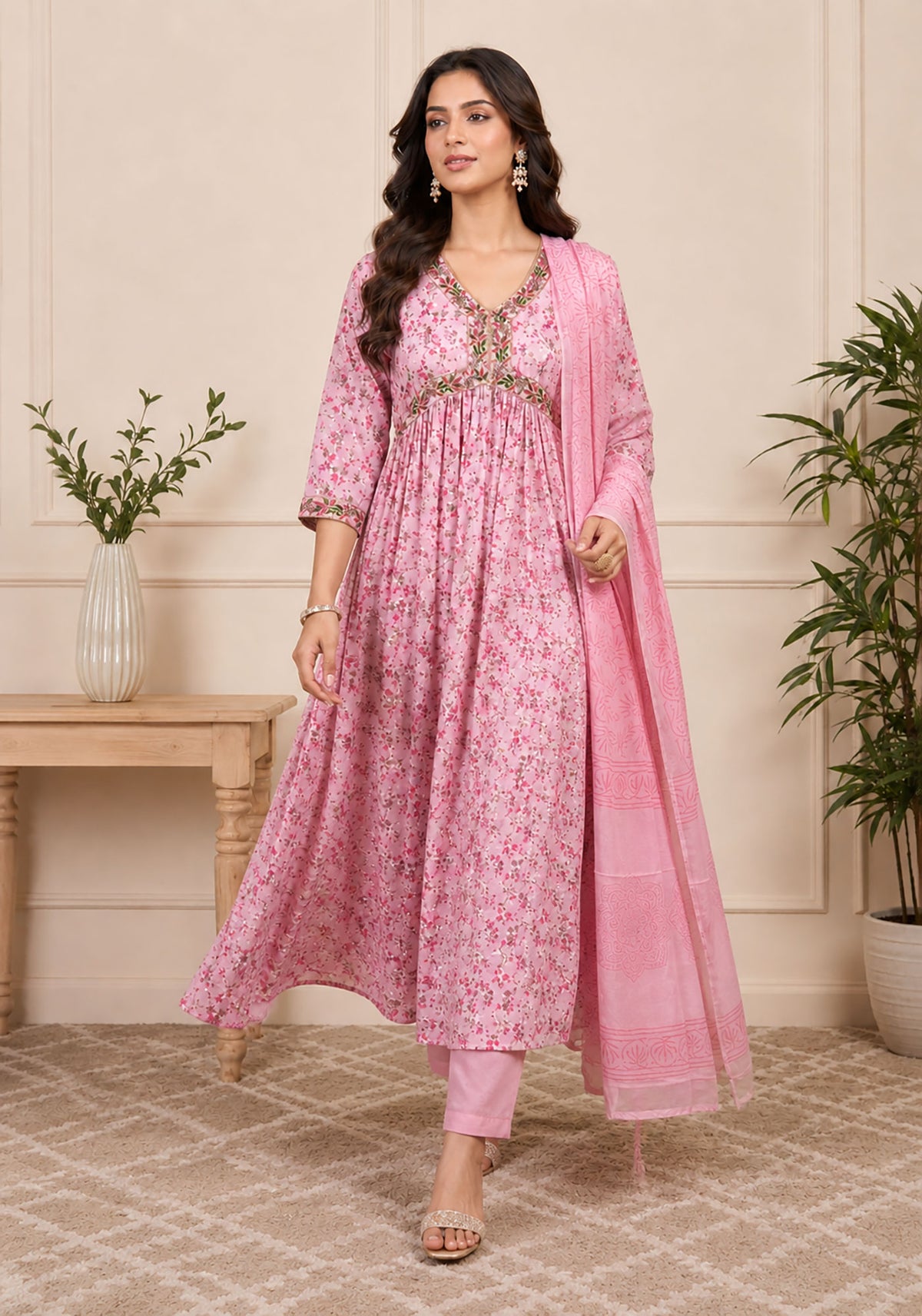 SN106 women’s blush pink floral empire kurta set walking pose with embroidered V-neck and dupatta