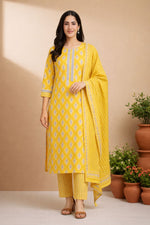 SN107 women’s mustard yellow printed kurta set with dupatta cotton 3 piece front pose