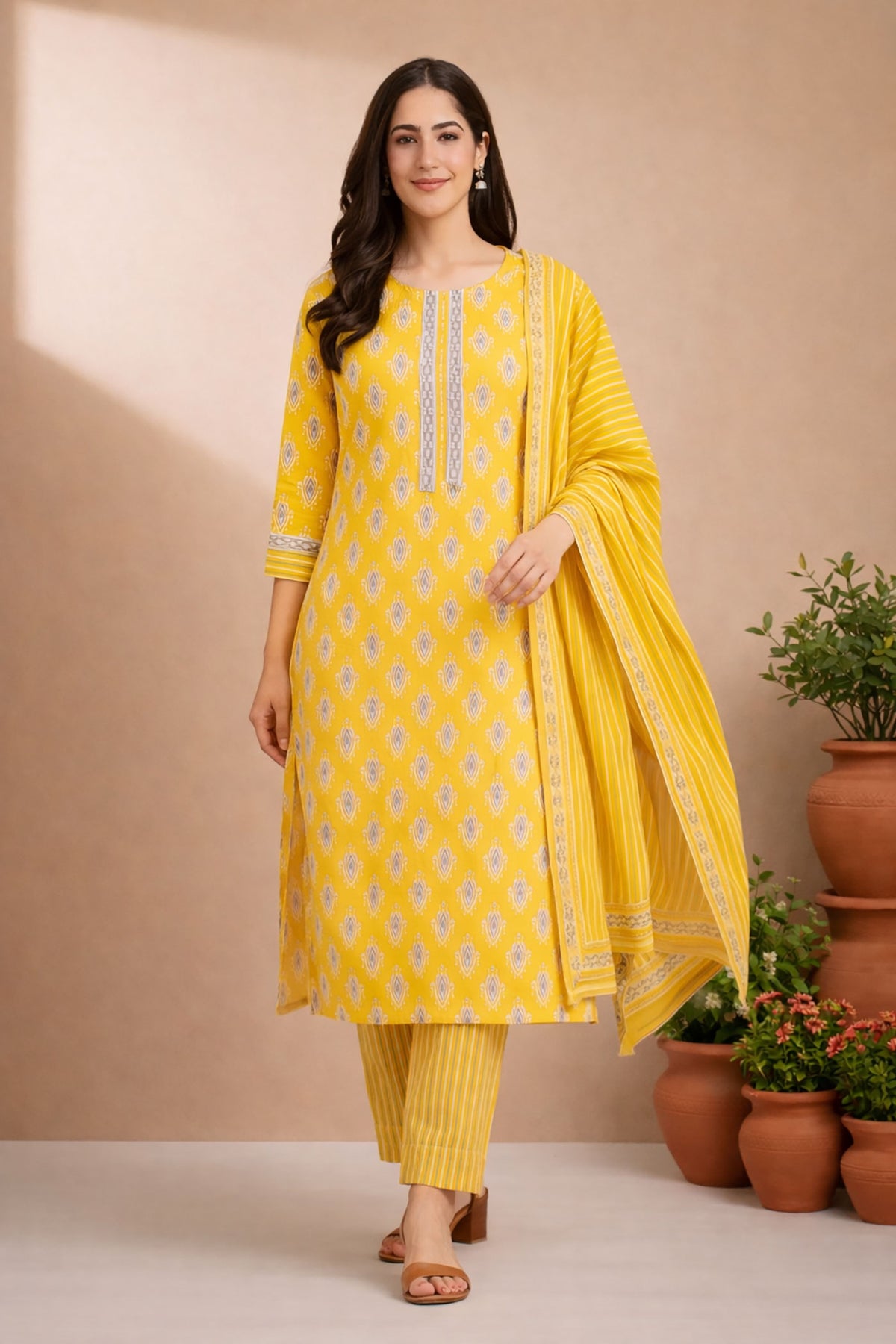 SN107 women’s mustard yellow kurta set with dupatta cotton walking pose natural drape