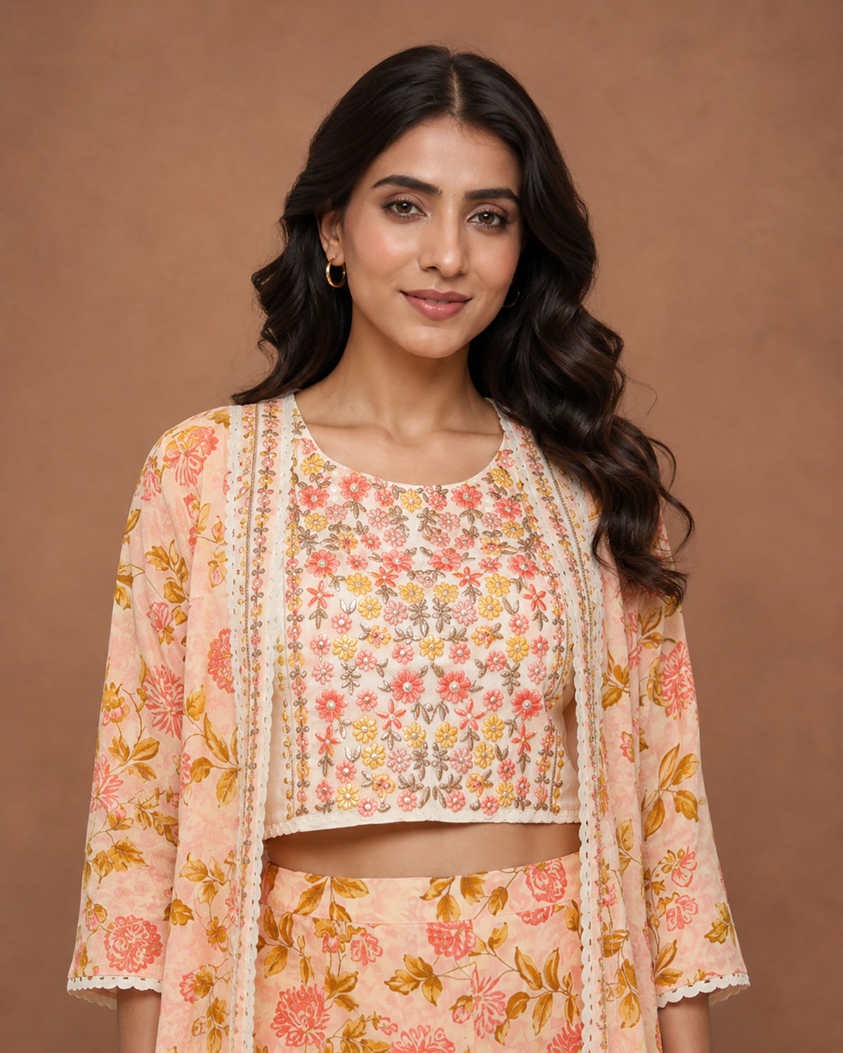 SN108 women’s embroidered floral ethnic coord set closeup pose with crop top and long jacket