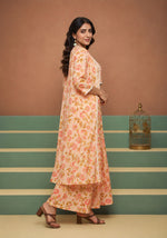 SN108 women’s floral embroidered palazzo coord set side pose with long jacket and crop blouse