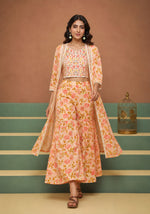 SN108 women’s floral embroidered palazzo set walking pose with long shrug jacket and crop top