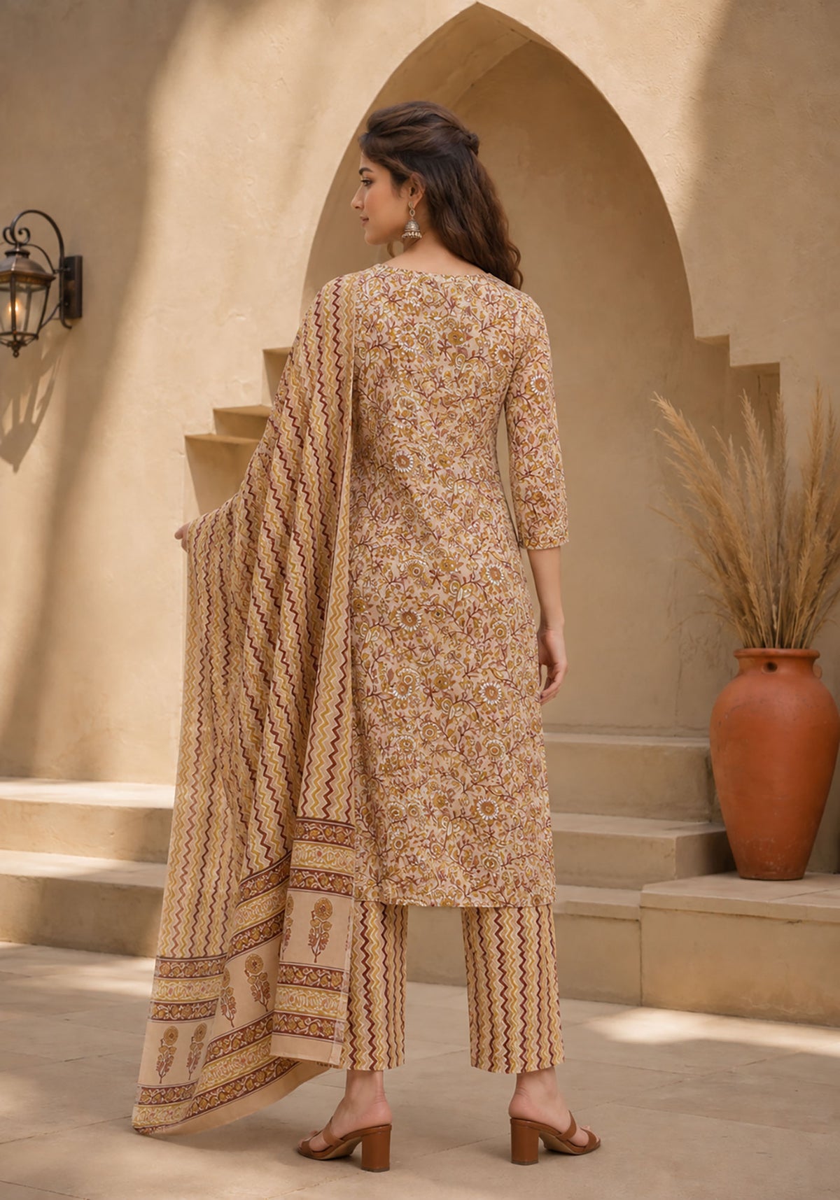 SN109 women’s beige floral kurta set back pose, straight silhouette with all-over print